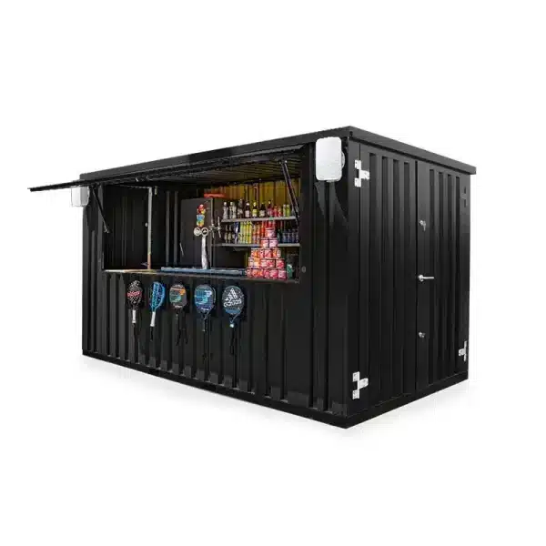 4 x 2 bar container met padel rackets aan de voorkant van de container