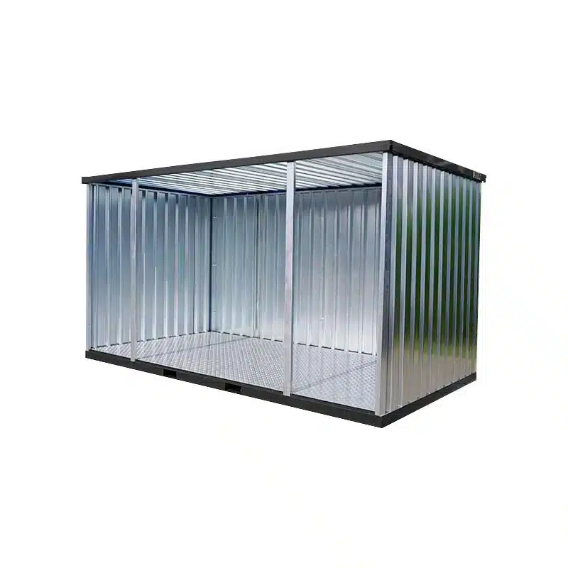 Open zijde container van gegalvaniseerd staal met open voorkant en robuuste vloer, geschikt voor buitenopslag.