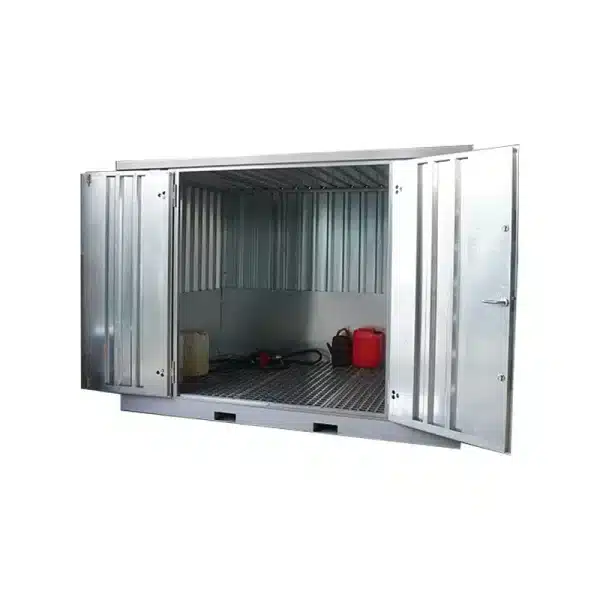 Chemische opslagcontainer met dubbele deuren en geïntegreerde lekbak