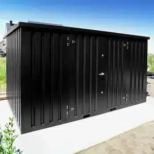 Zwarte container vanaf de voorkant en vanaf de zikant