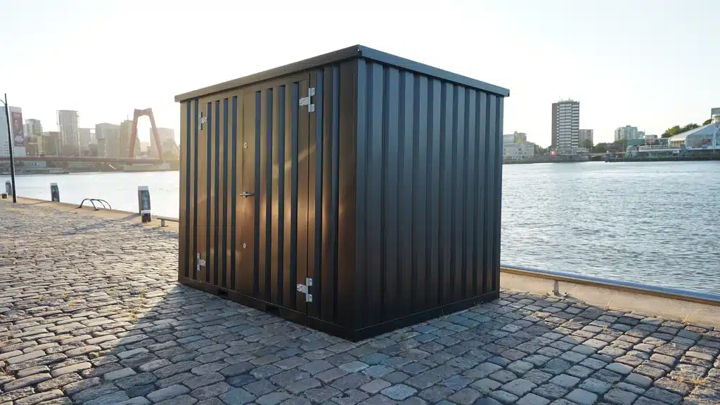 Een zwarte metalen opslagcontainer met zilverkleurige scharnieren en een stevige deur, geplaatst op een kade met een stenen bestrating. Op de achtergrond zijn een brede rivier, een rode brug en de skyline van een stad Rotterdam met hoge gebouwen zichtbaar tijdens een zonnige namiddag.