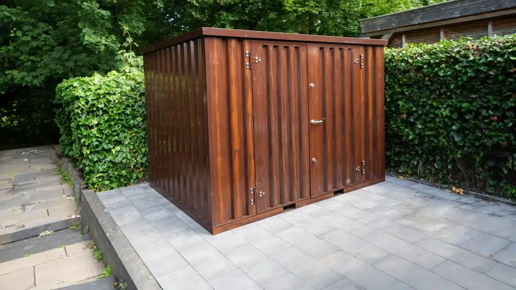 Demontabele container met houtlook afwerking geplaatst op een betegeld terras in een groene tuinomgeving.