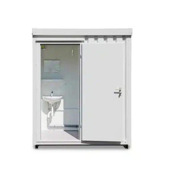 Douche container van de voorkant met een open deur