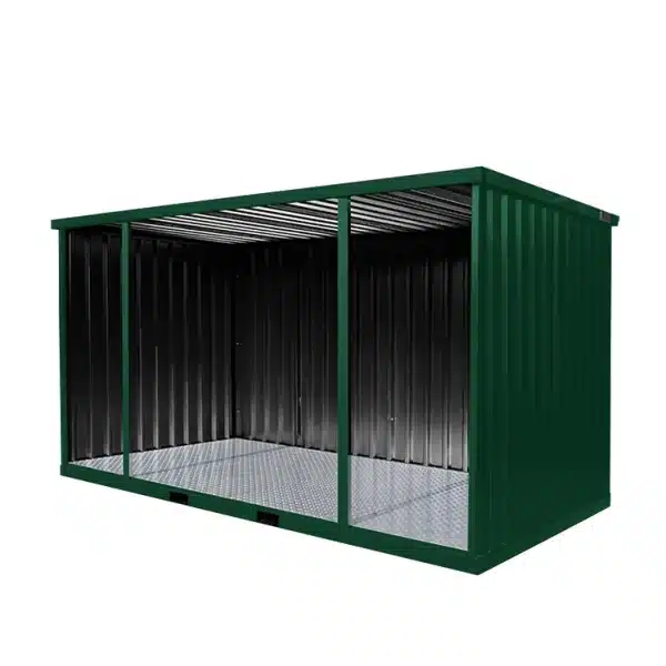 Donkergroene openzijde container met gegalvaniseerde binnenzijde en traanplaatvloer, geschikt voor opslag of stalling.