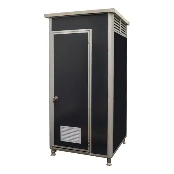 Prefab toiletunit 1,1 x 1,1 meter met ventilatie en afsluitbare deur, geschikt voor bouwplaatsen en evenementen.
