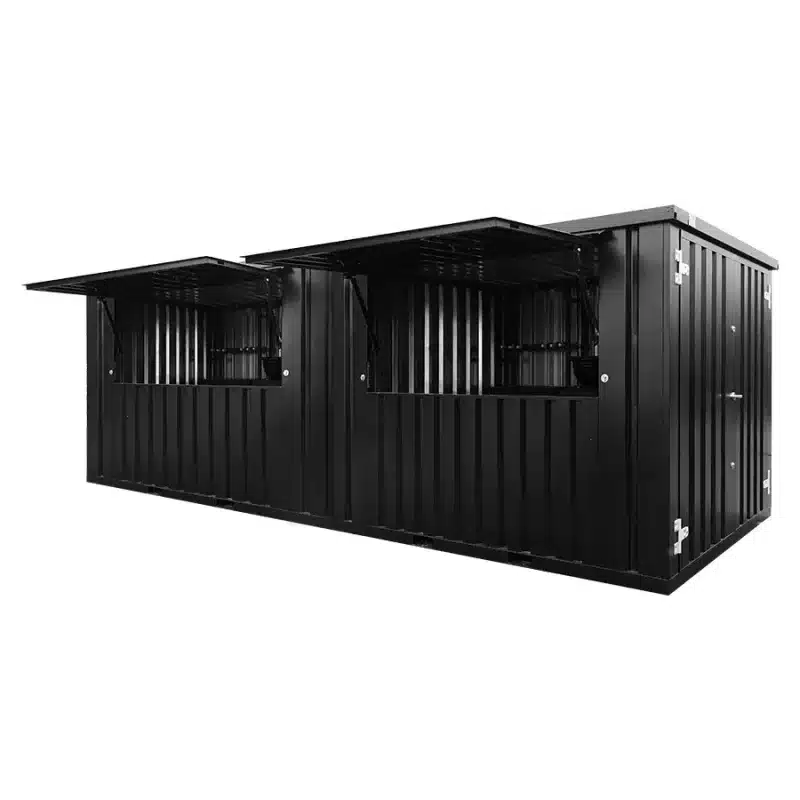 Zwarte barcontainer 6x2 meter XL met twee luiken, ideaal voor evenementen en horeca